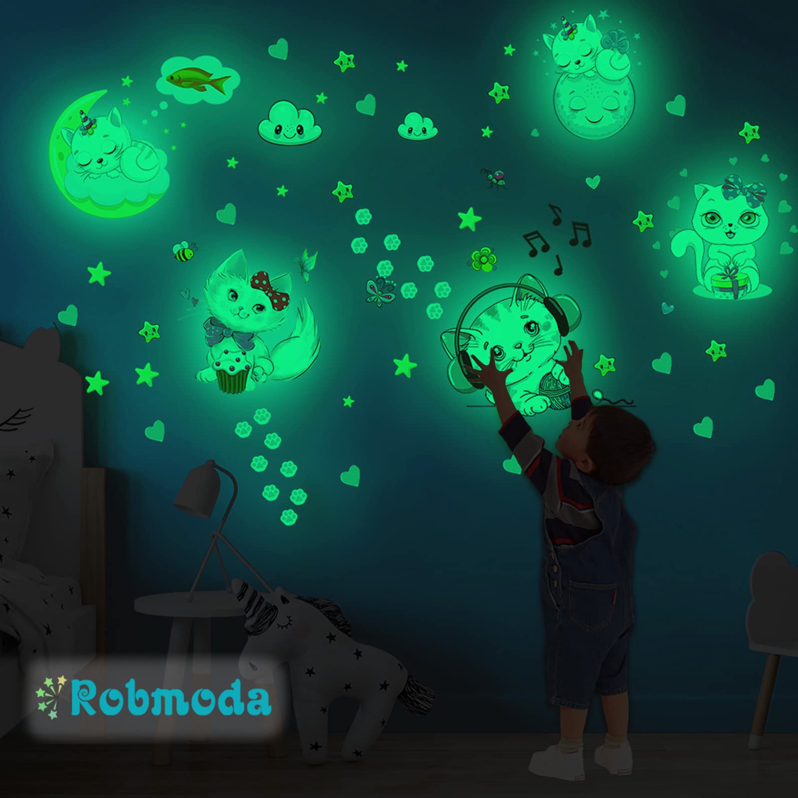 Glow In The Dark Stars For Room,Cats Glowing Wall/Ceiling Decals, Kitten Butterflies Stickers For Kids Bedroom, Clouds Bees Lumi